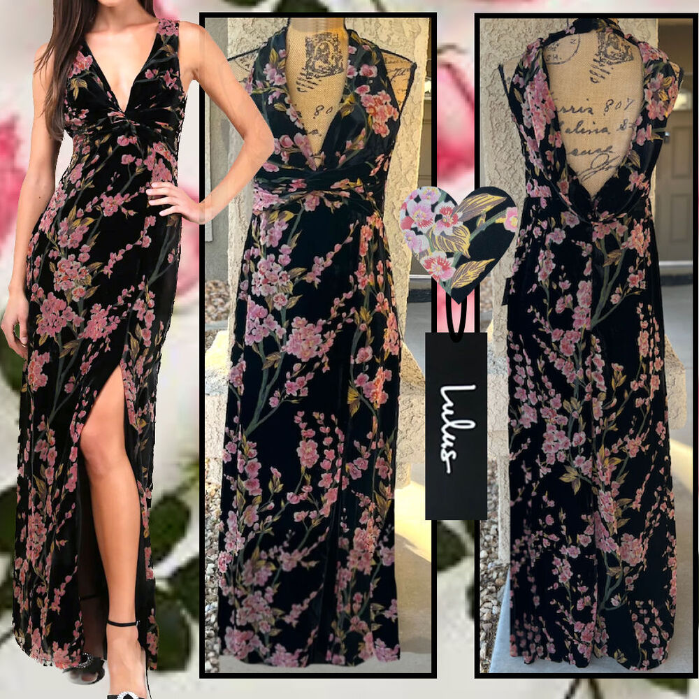 Lulu's Black Floral Velvet Wrap Maxi Dress